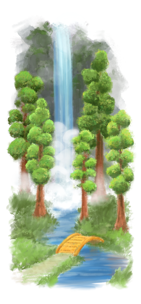 Winning illustration for Waterfall, Redwoods, and Bridge